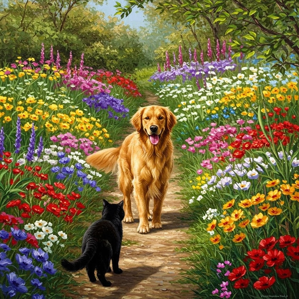 Luna leading Max through a garden