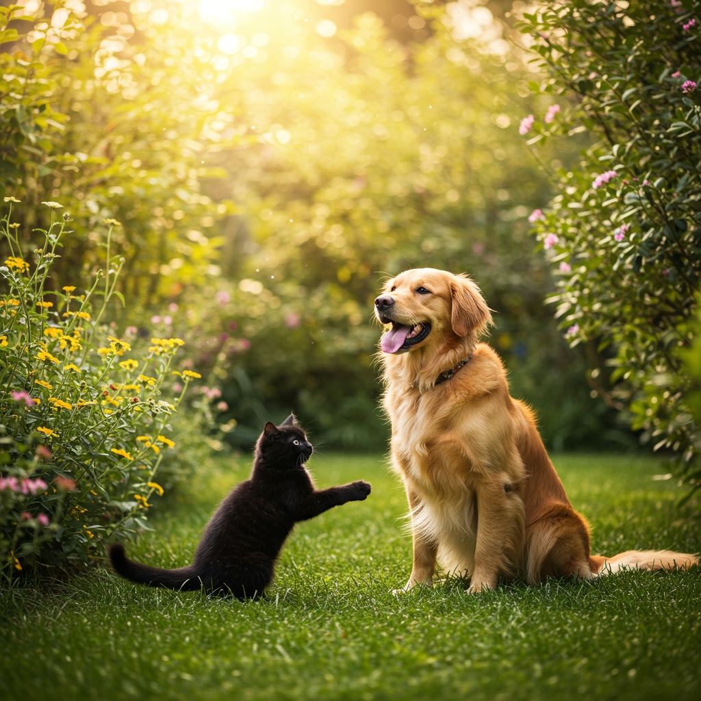 Luna the cat and Max the dog playing in a garden