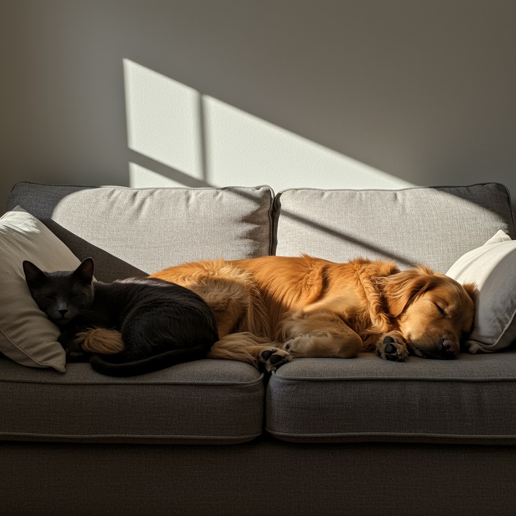 Luna and Max cuddling on a sofa